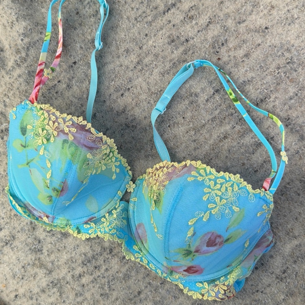 Vintage Lejaby 32 BLUE ROSE romantic underwire bralette turqoise with embroidery